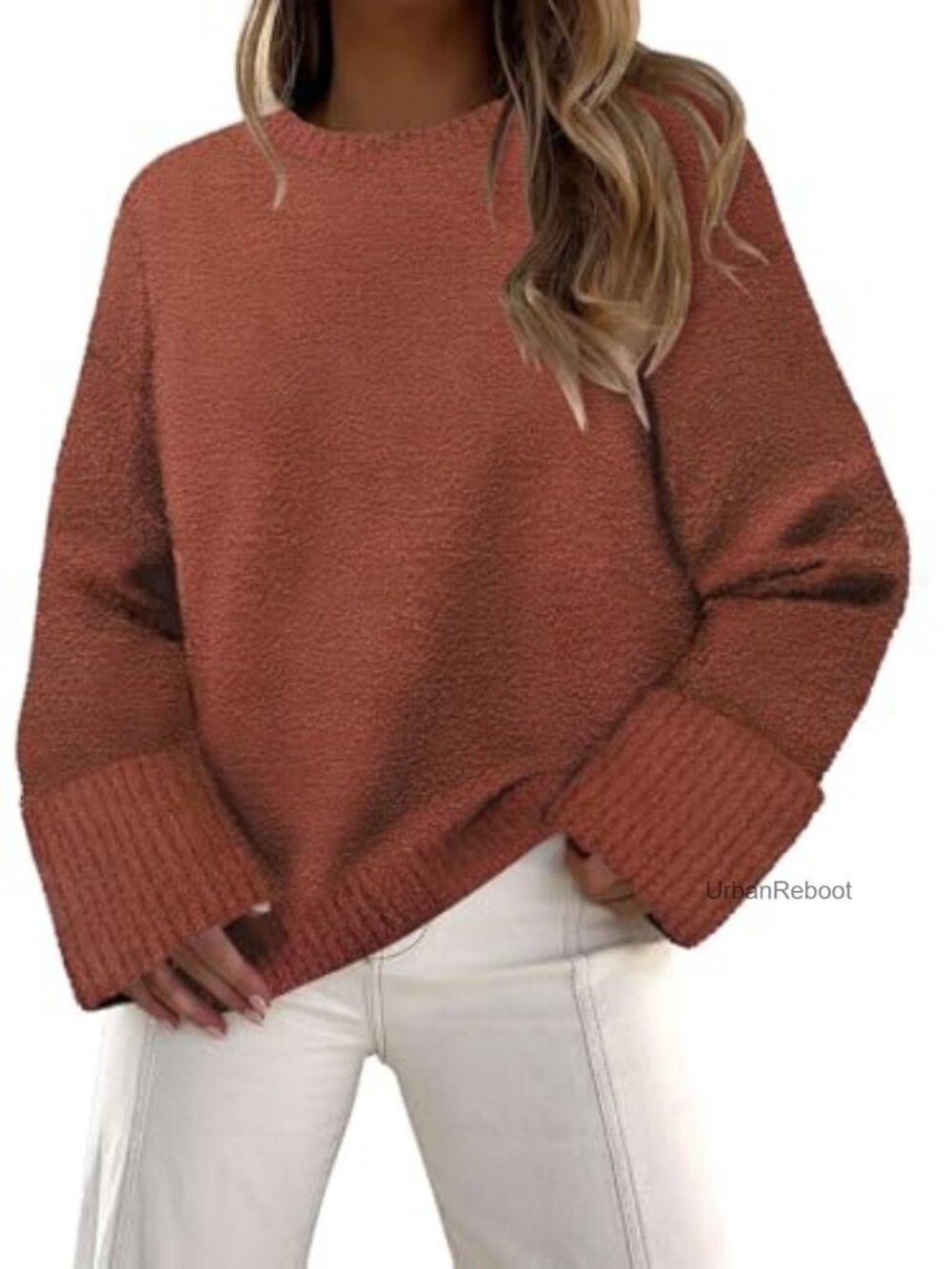 Womens Fuzzy Knit Crewneck Pullover Sweater Loose Fit Long Sleeve Tunic